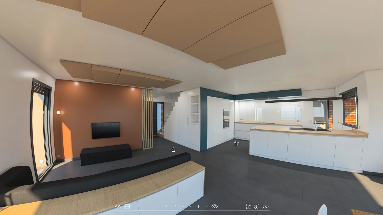 Image de synthèse 3D 360° d'une maison neuve, séjour et cuisine ouverte