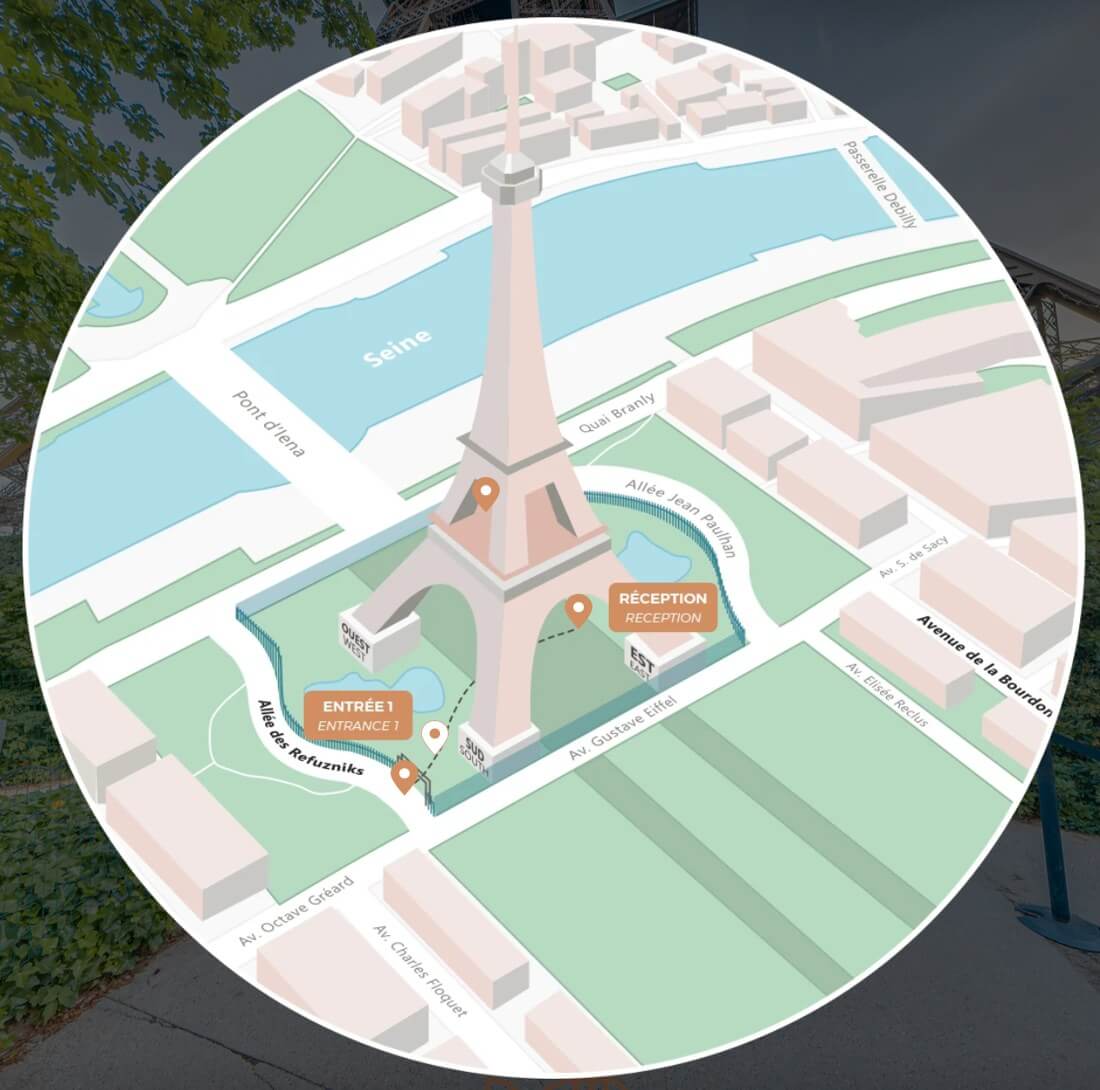 Plan interactif du parvis de la tour Eiffel situant l'Entr&eacute;e 1 et la r&eacute;ception de Madame Brasserie
