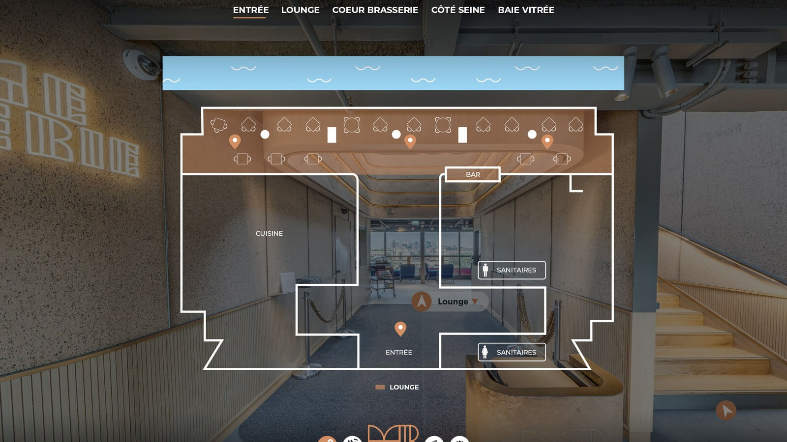 Plan interactif de la salle de Madame Brasserie au premier étage de la tour Eiffel