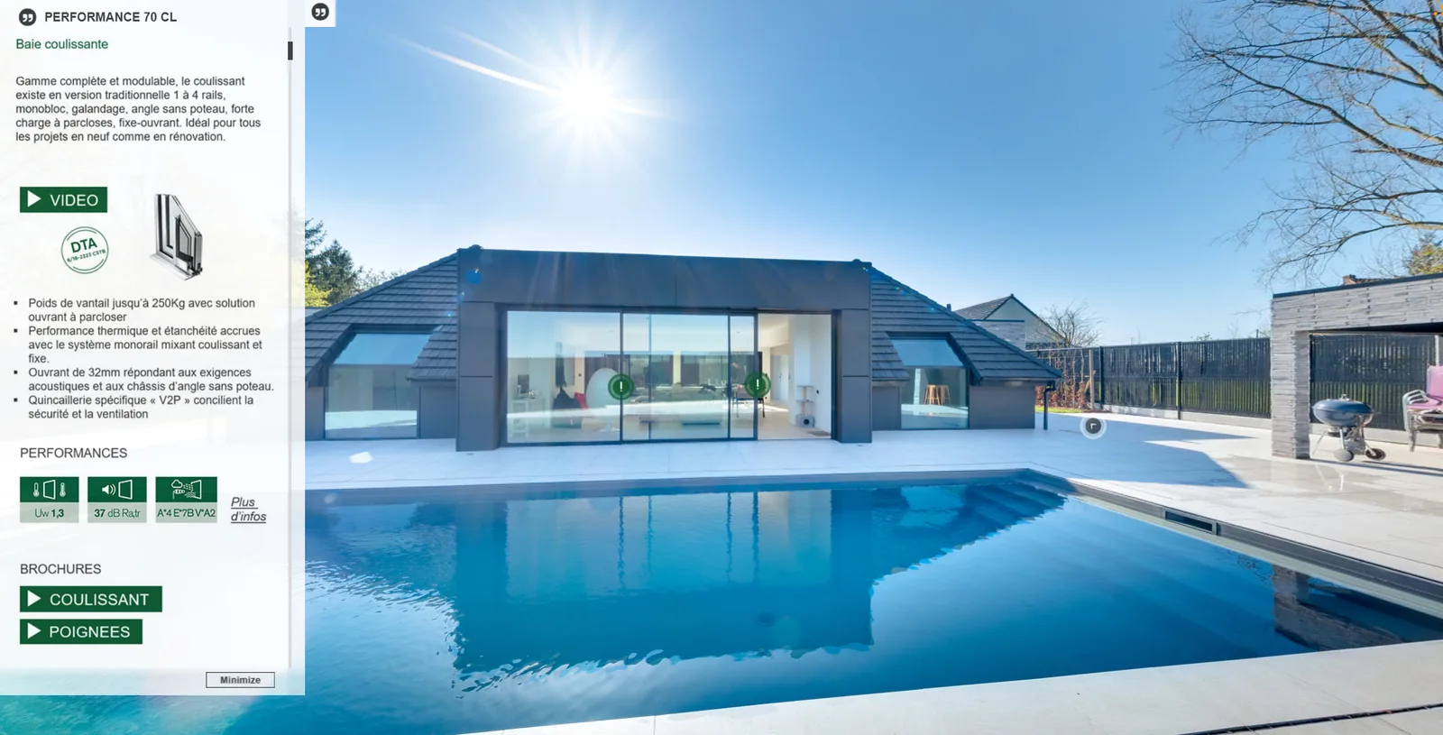 Visite virtuelle 360° de la villa SAPA côté piscine, fiches produits sur les menuiseries